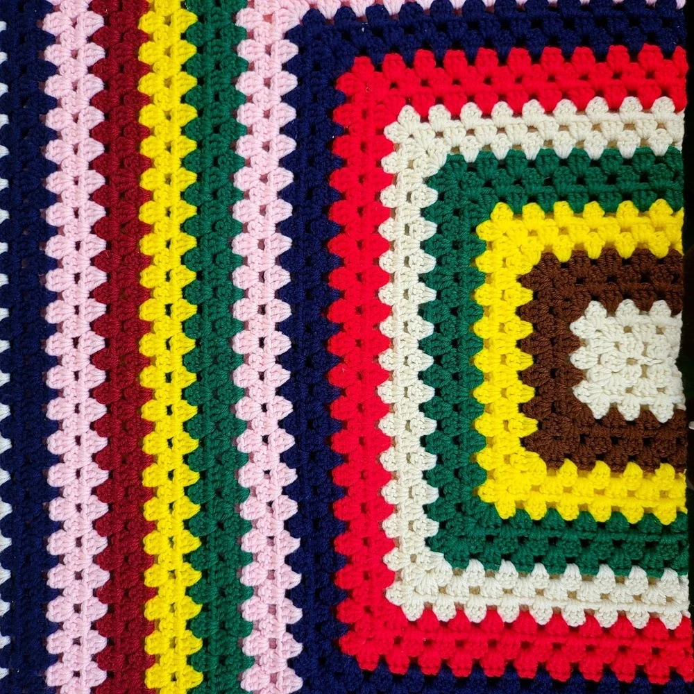 Vintage 1970s Handmade Crocheted Colorful Throw Blanket Afghan‎ 53x47